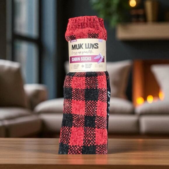 Muk Luks Sz S/M Slipper Socks Faux Fur Lined Warm Cabin 2 Pk Buffalo Check Gift - Picture 14 of 14